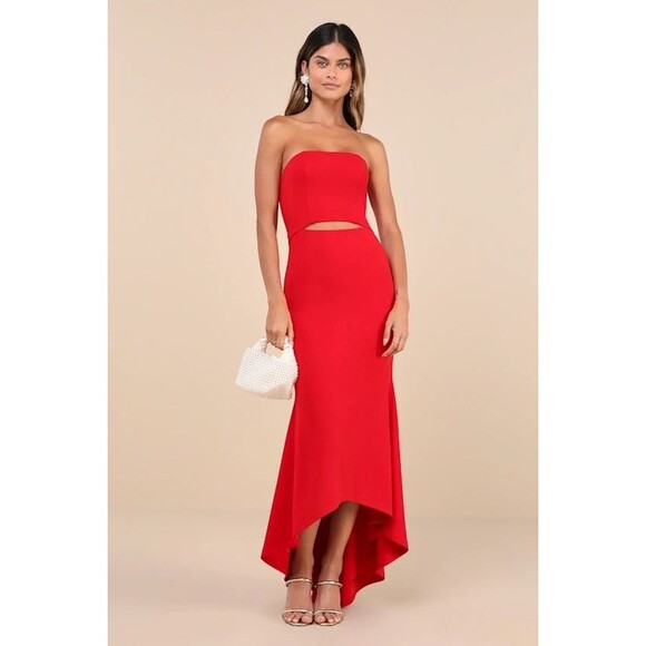 Lulus NWT Gorgeous Existence Maxi Dress With Cutouts Size XL Red High-Low - Picture 1 of 9